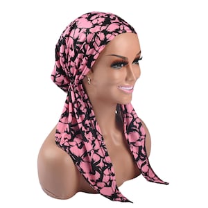 Butterfly Print Pre-Tied Head Scarf: Soft Cotton Chemo Turban Stretch Lightweight Hair wear