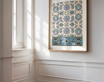 Wandtapijtprint | Vintage islamitische muurkunst | Sierlijke poster | Afdrukbare textielkunst | Decoratie Midden-Oosten | Blauwe vintage islamitische bloemenkunst