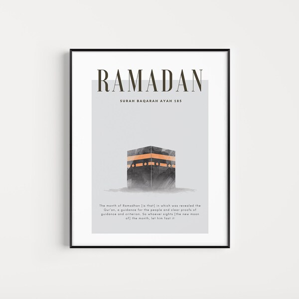 Arte mural de Ramadán inglés imprimible / impresión gris de Ramadán / Regalo de Ramadán / decoración de Ramadán / verso del Corán de Ramadán / Impresión de la Meca / Póster de Ramadán