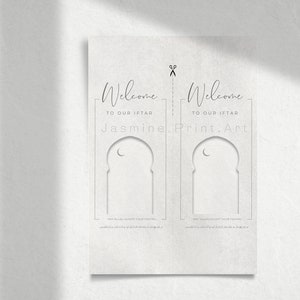 May include: A printable invitation card with a minimalist design featuring a crescent moon and archway. The text reads "Welcome to our Iftar, Jasmine. Print. Art".