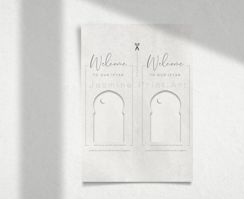 May include: A printable invitation card with a minimalist design featuring a crescent moon and archway. The text reads "Welcome to our Iftar, Jasmine. Print. Art".