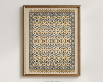 Wandtapijtprint | Vintage islamitische muurkunst | Sierlijke poster | Afdrukbare textielkunst | Decoratie Midden-Oosten | Blauwgele muurkunst