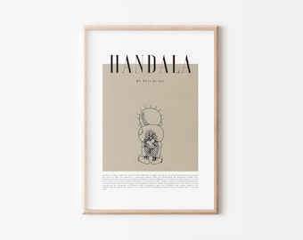 May include: Black and white line art print of a child holding a ball, titled "Handala" by Naji al-Ali.