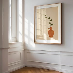 Mid Century Modern Kunstdruck | Botanische Terrakotta digitale Kunst | Botanisches Poster | Rustikales Plakat | Boho Topf Kunst | grünes Stielposter