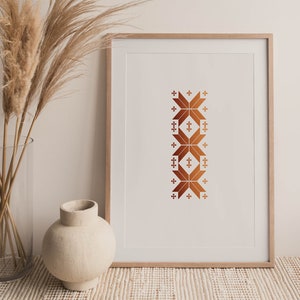 Kruissteek met Palestijnse print | Palestina-borduurwerk | Arabische woondecoratie |  Terracotta illustratie |  Minimalistische poster