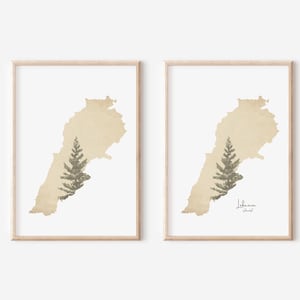 May include: Two printable art prints featuring a beige outline of Lebanon with a stylized tree in the center. The print on the right includes the word "Lebanon" and the Arabic word for Lebanon.