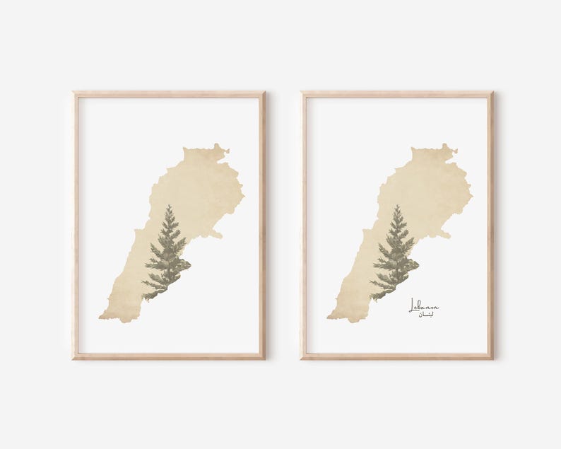 May include: Two printable art prints featuring a beige outline of Lebanon with a stylized tree in the center. The print on the right includes the word "Lebanon" and the Arabic word for Lebanon.