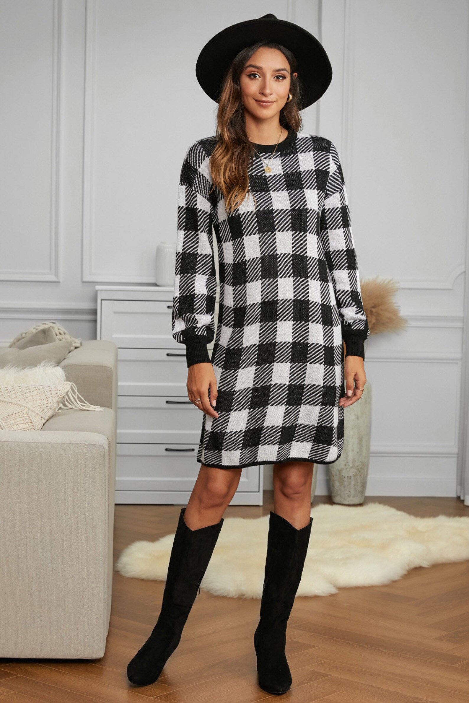 mock neck gingham sweater dress