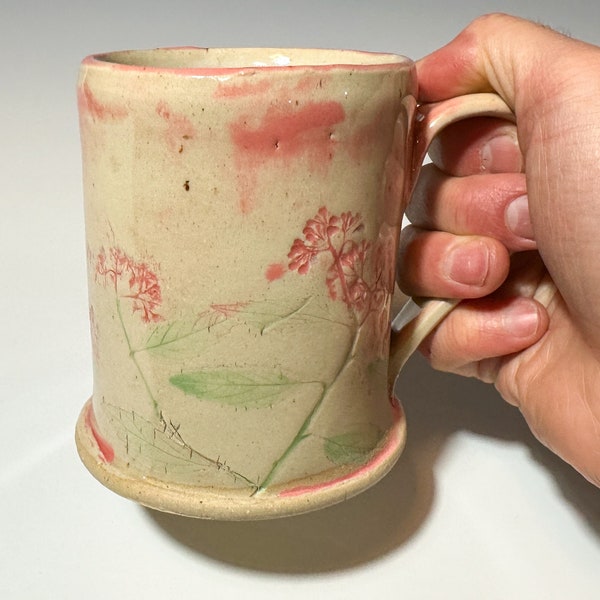 12oz. Ceramic Mug; Pink Spirea Flower Imprint; Large Handbuilt Rustic Tea and Coffee Cup; Nature Art; Unique Slab Pottery