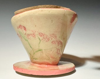 Ceramic Coffee Pour Over; Handbuilt Spirea Flower Pottery; Colorful Pink, Green, and White Functional Ceramics