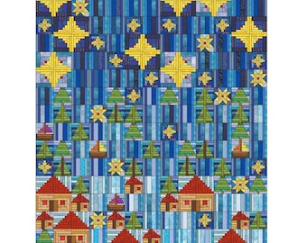 Puede incluir: Un patrón de colcha llamado "Log Cabin Crazy" con un diseño de patchwork que presenta una gama de colores azul, amarillo, verde y rojo. La colcha mide 52 pulgadas por 64 pulgadas.