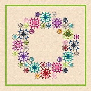 Può includere: Una ghirlanda colorata fatta di stelle di stoffa in varie tonalità di rosa, blu, verde e giallo. Le stelle sono disposte in cerchio attorno a uno sfondo bianco.