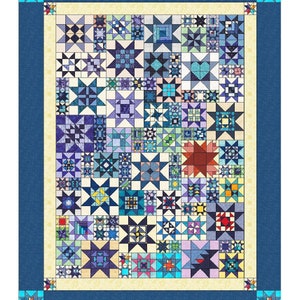 May include: A quilt pattern called "Stella Stellina" with a blue, white, and red color scheme. The quilt is made up of many different star-shaped blocks. The quilt is 84 inches by 108 inches.