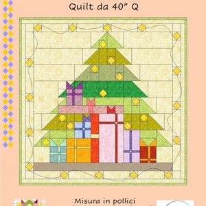 Può includere: Un modello di trapunta con un albero di Natale con i regali sotto. La trapunta è quadrata da 40 pollici e utilizza una tecnica di patchwork. Il testo "IL mio REGALO SOTTO L'ALBERO Quilt da 40" Q" è visibile nell'immagine.