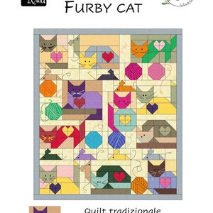 Può includere: Un modello di trapunta colorato con gatti, gomitoli di lana e topi. La trapunta è composta da quadrati e rettangoli in vari colori, tra cui rosso, giallo, blu, verde e viola. La trapunta è intitolata "Furby Cat" ed è descritta come una trapunta tradizionale che misura 58 pollici per 66 pollici.