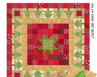May include: A red, green and brown patchwork quilt with a star design in the centre. The quilt is labelled "Natale in... rosso." and "QUILT DA 32" in Italian. The quilt is made up of squares of different fabrics, including red, green, brown and white. The quilt is surrounded by a border of green and brown fabric. The quilt is 32 inches in size.