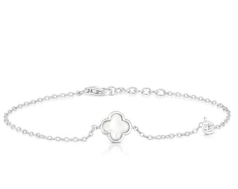 Sterling silver dainty mother of pearl clover and cz bracelet / mother of pearl  cz clover bracelet / gift