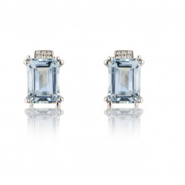 9ct white gold diamond and aquamarine octogon cut earrings / gold diamond  aquamarine studs / gift