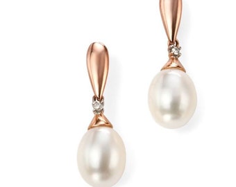 9ct rose gold diamond and freshwater pearl earrings / rose gold diamond pearl drop earrings / gift