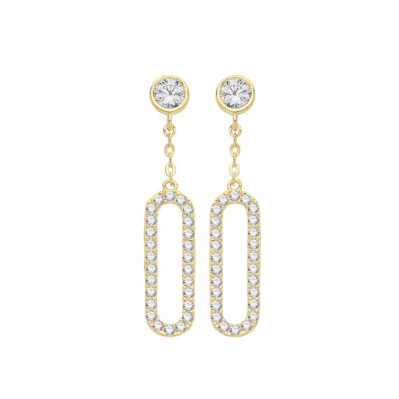 Yellow gold C Z dainty paperclip shape drop earrings 9ct yellow gold c z earrings Gold cubic Zirconia earrings gift christmas