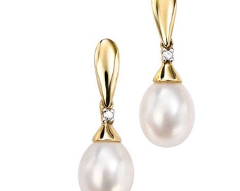 9ct yellow gold diamond and freshwater pearl earrings / gold diamond pearl drop earrings / gift