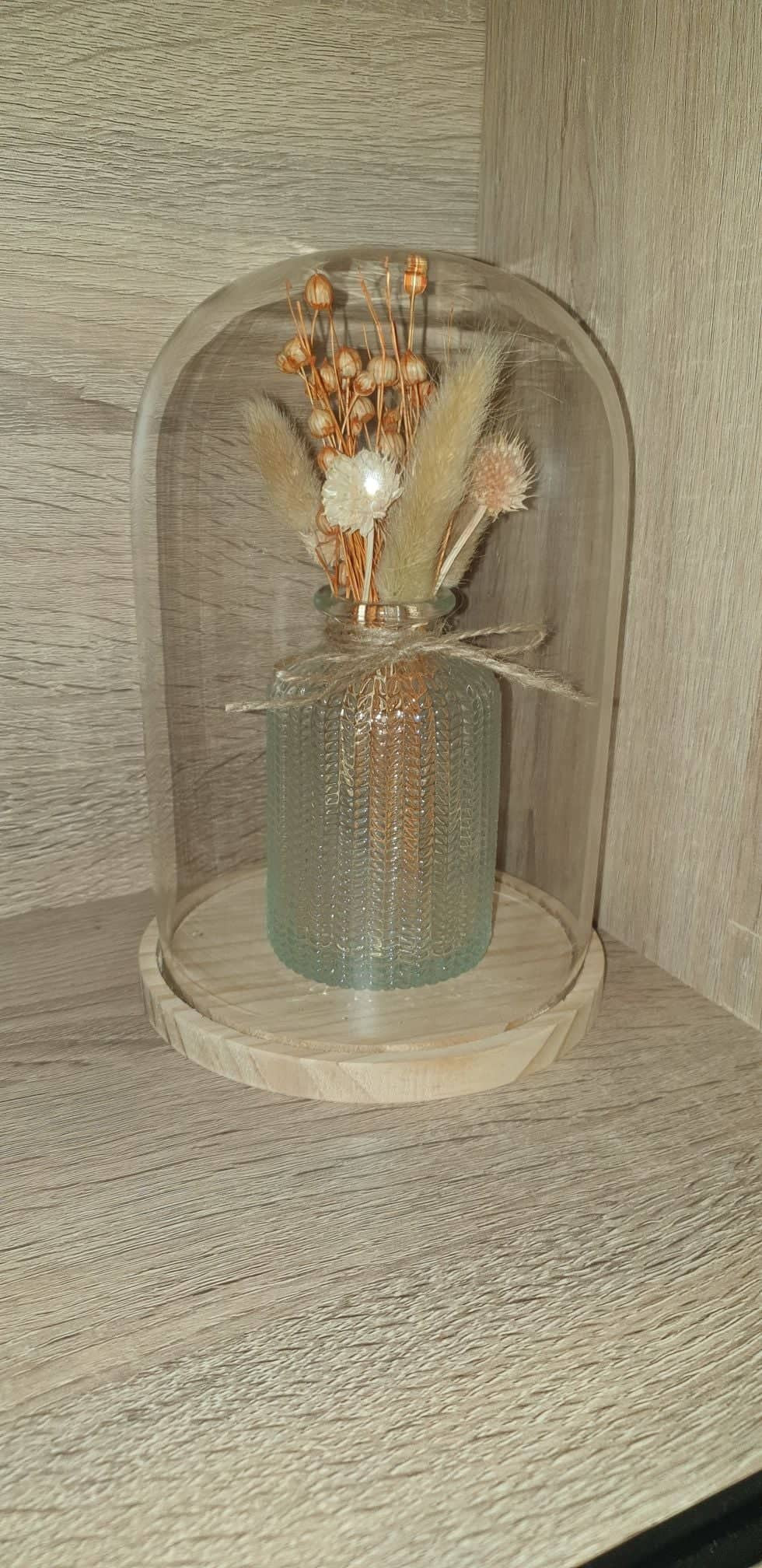Cloche en Verre avec Bocal Verre et Petits Bouquets de Fleurs Séchées