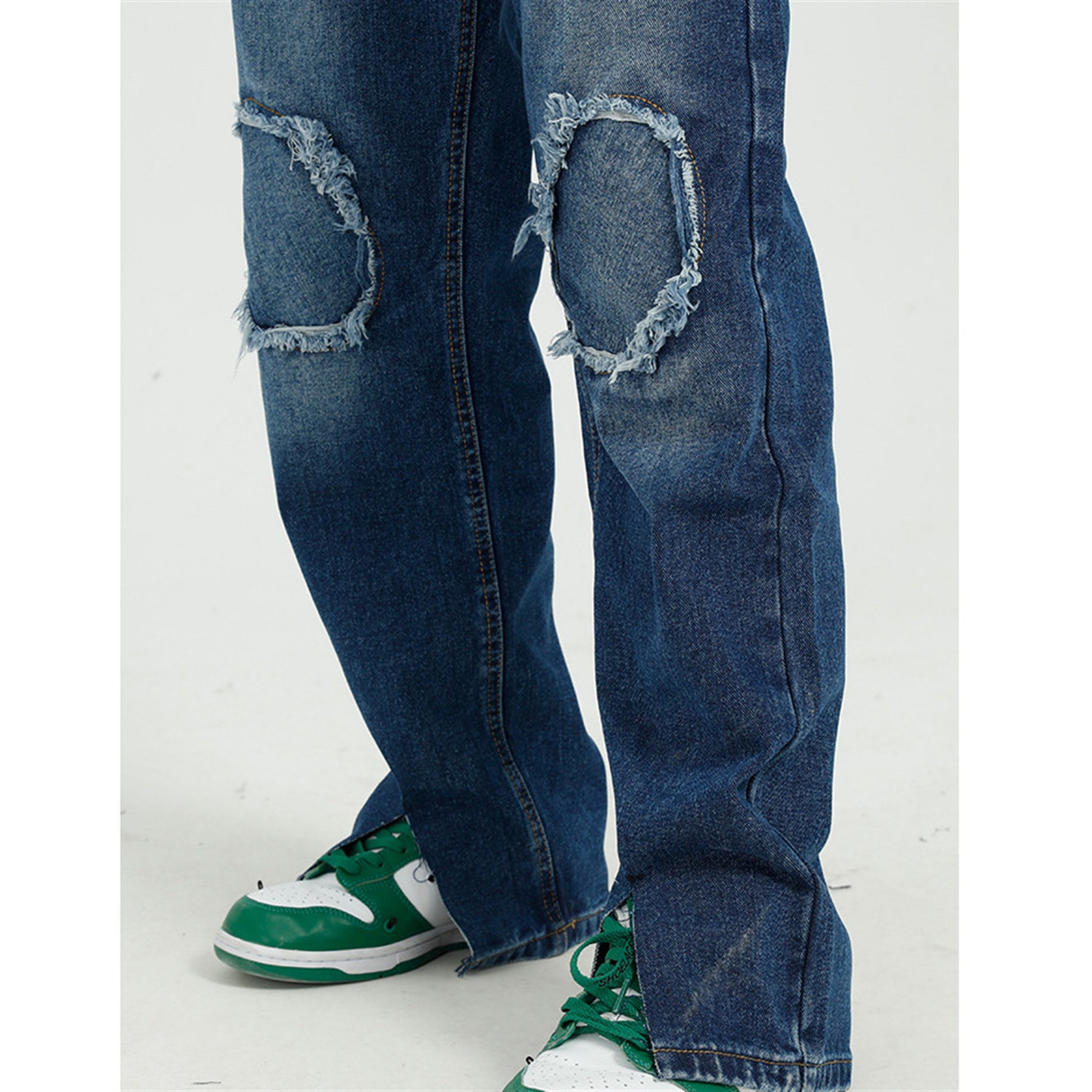 Men's knee patch stitching straight leg slit jeans Etsy