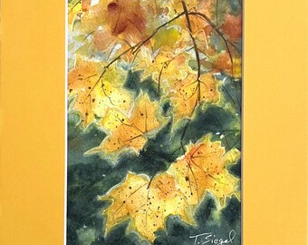 Yellow Autumn Leaves Watercolor Painting, Fall Botanical Wall Art, Golden Foliage Nature Art, Colorful Woodland Decor, Small Size Watercolor