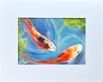 Colorful Koi Fish Watercolor Painting, Japanese Pond Art, Orange and Blue Fish Wall Art, Aquatic Nature Decor, Koi Lover Gift, Small Sized