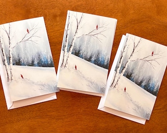 Set of 3 Red Cardinals in Snow Greeting Cards, Winter Watercolor Note Cards, Snowy Landscape Cards, Art Greeting Cards, Holiday Hostess Gift