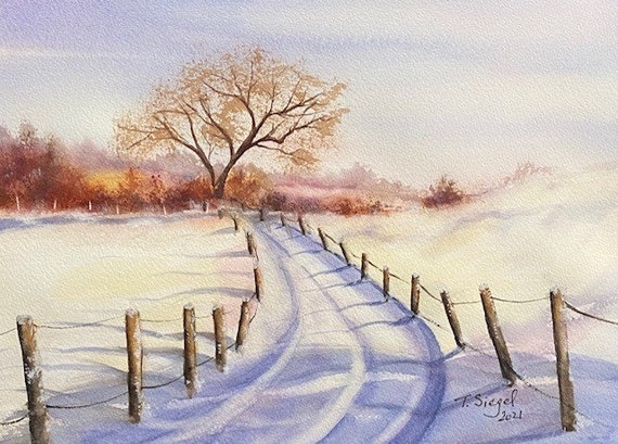 Winter Country Road Watercolor Painting, Snowy Landscape Art, Farmhouse Winter Decor, Rustic Snow Scene, Peaceful Winter Wall Art, Small Art