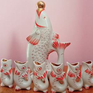 Set Of Vintage Porcelain Decanter and Cups USSR Fishes For Drinking Vodka. Good Retro Gift for Vodka Drinkers Hand Painted