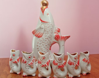 Set Of Vintage Porcelain Decanter and Cups USSR Fishes For Drinking Vodka. Good Retro Gift for Vodka Drinkers Hand Painted