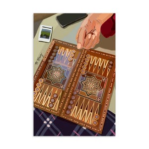 May include: An illustration of a backgammon board with a detailed geometric design. The board is open, with wooden game pieces and a hand reaching towards it. A smartphone and a small photo are also visible.