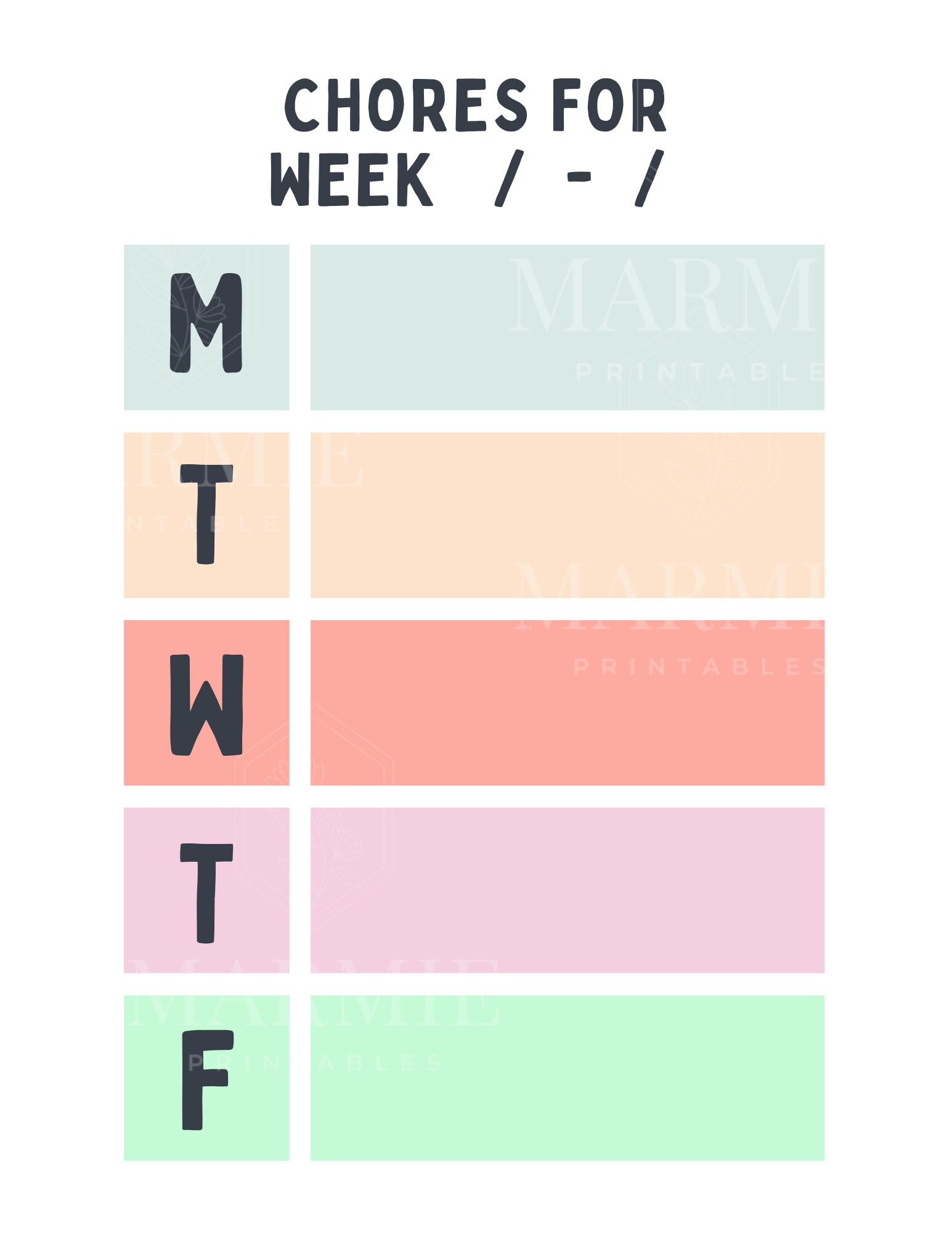 Colorful Weekly Chore Template | Pastel Big Letters | Printable Fill-in ...