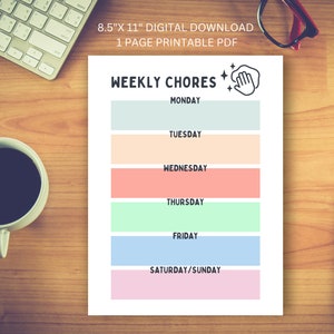 Colorful Weekly Chore Template |   Printable Fill-in Calendar
