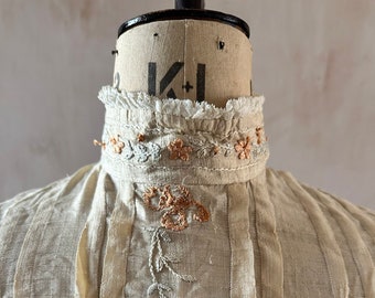 Vintage 1900's Embroidered Floral Pleated Blouse with High Neck