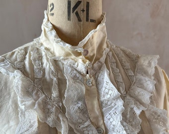 Vintage Silk and Lace Trim Period Blouse with High Neck