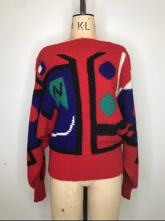 EXCEL 80's Wool Batwing Abstract Vintage Jumper - image 2