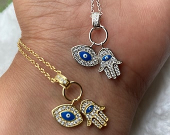 Evil Eye Hamsa Chain: Sterling Silver CZ Pendant, Good Luck Charm