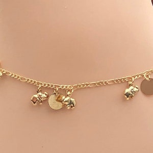 Dangling Gold Elephant Anklet, Dangling Elephant and discs Anklet, fígaro Link Chain Anklet