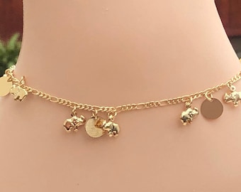 Gold Elephant Anklet: Figaro Chain with Dangling Discs