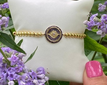 Purple Evil Eye Bracelet: Gold Plated Brass Beaded Stackable Bracelet