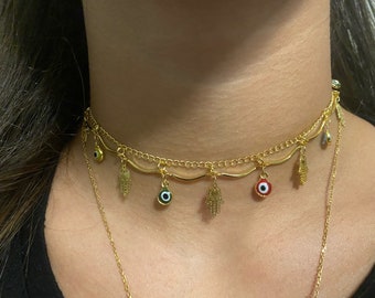 Evil Eye Choker, Hamsa Choker,Mal de Ojo Choker, Dangling Charms  Necklace, Protection Necklace, Good Luck Necklace,Bridesmaids gift