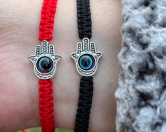 Bracelet Hamsa réglable : protection des yeux rouges et noire