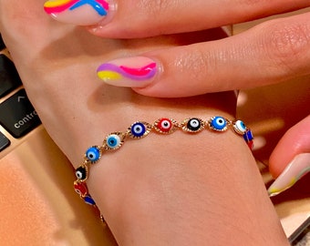 Multi Color Evil Eye Bracelet: Good Luck Charm, 7.5 Inch