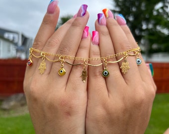 Evil Eye Hamsa Anklet: Gold Tone Good Luck Charm