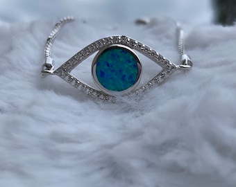 Opal Evil Eye, blue evil eye, Sterling Silver Bracelet, CZ Evil Eye, silver bracelet, Good luck bracelet,  protection bracelet,gift for her