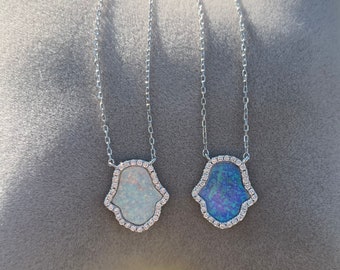 Sterling Silver Hamsa hand Necklace, Hamsa Pendant Chain,Blue Opal Hamsa, White Opal Hamsa, Hand of Fatima Necklace, Hamsa Pendant