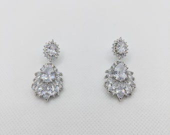 Cubic Zirconia White Gold Plated Water Drop Dangle Earrings.